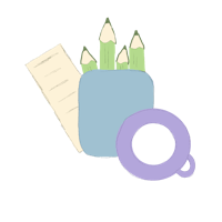 a cup of coffee, pencils, and a notepad