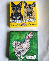 two paintings of a dog and a chicken