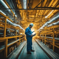 a worker in a factory looking at a tablet