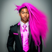 a young man with pink dreadlocks in a suit and tie
