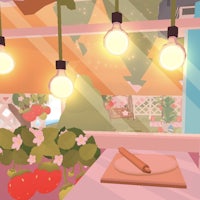 a cartoon of a kitchen with lights and a table