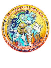 a circular logo with an image of a man and a woman