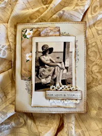 an old photo of a woman sitting on a table
