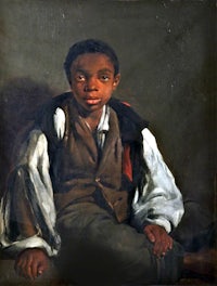 a painting of a boy sitting on the ground