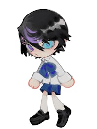 a cartoon character with black hair and blue eyes