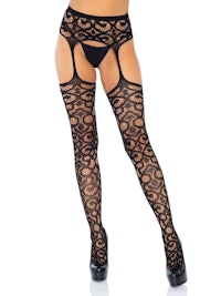 a woman wearing black lace stockings and stockings
