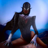 a woman in a black and silver outfit sitting on top of a rock