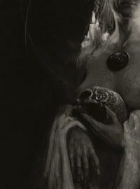 a black and white painting of a woman holding a skull