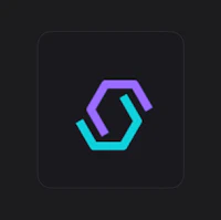 a purple and blue logo on a black background