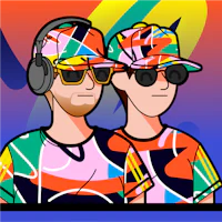 two men in colorful t - shirts standing next to each other