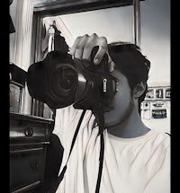 a man holding a camera in front of a mirror