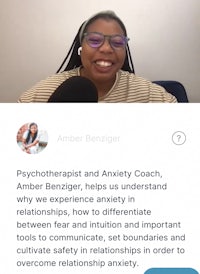 a woman is talking on a tv screen with the words psychotherapist and anxiety coach