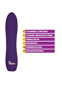a purple sex toy with a description of its features