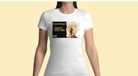 a woman wearing a white t - shirt with a picture of a fire