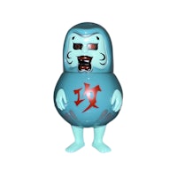 a blue toy with a red face on it