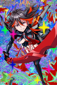 an anime girl holding a sword in front of a colorful background