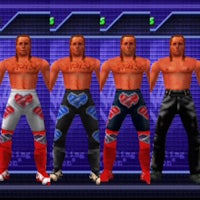 a group of wrestlers standing in front of a screen