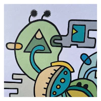 a drawing of a green robot and a blue robot