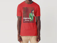 a man wearing a red t - shirt with the word christmas on it