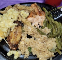 a plate of food on a purple plate