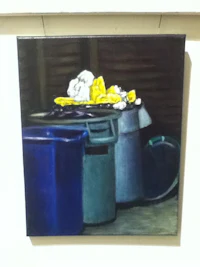 a painting of trash cans and garbage