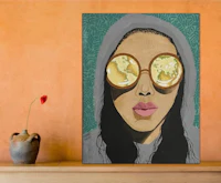 a painting of a woman with sunglasses on her face