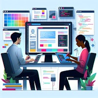 two people sitting at a desk and working on a computer