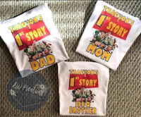 three t - shirts that say toy story 1st story mom and dad