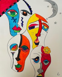 a drawing of colorful faces with a crescent moon