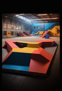 a large indoor skate park with colorful ramps
