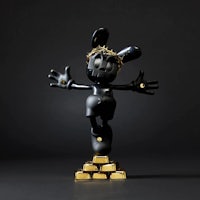 a black and gold statue of a bunny on a black background
