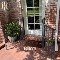 a front door with a wrought iron railing before and after