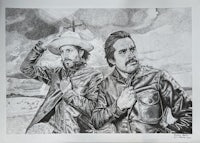 a pencil drawing of two men in cowboy hats