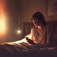a woman is sitting in bed looking at her phone