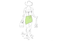 a drawing of a woman in a green dress and hat