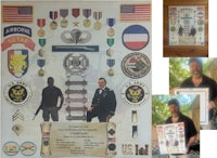a man is holding up a picture of a soldier with medals on it
