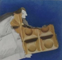 a painting of a chocolate bar on a blue background