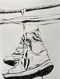 a drawing of a pair of sneakers hanging on a wire