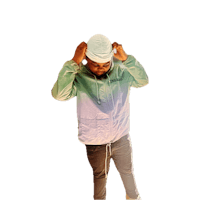 a man wearing a jacket and hat on a black background