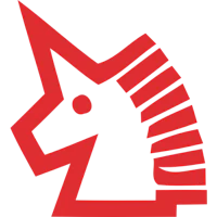 a red unicorn head logo on a black background