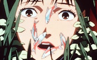an anime girl with fish on her face