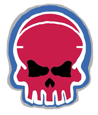 a red, blue, and white skull logo on a black background