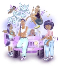 a drawing of a group of girls standing next to a purple jeep