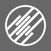 a white logo with lines in a circle on a gray background