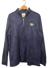 a blue fleece jacket with a gold logo on it