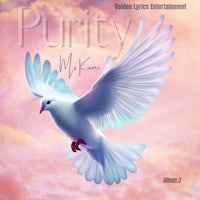 a white dove flying in the sky with the words purity