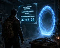 a man is standing in front of a glowing door in a dark room
