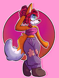 a cartoon of a fox with red hair and pink pants