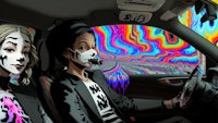 two people sitting in a car with psychedelic paint on their faces