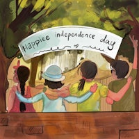 a drawing of a group of people holding a sign that says happy independence day